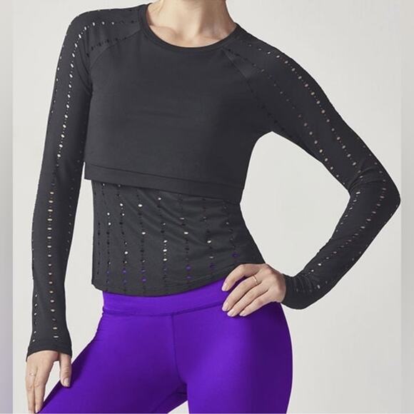 Fabletics Shelby Long-Sleeve 2 Layer Eyelet Laser Mesh Black Top Size Medium - Picture 1 of 16